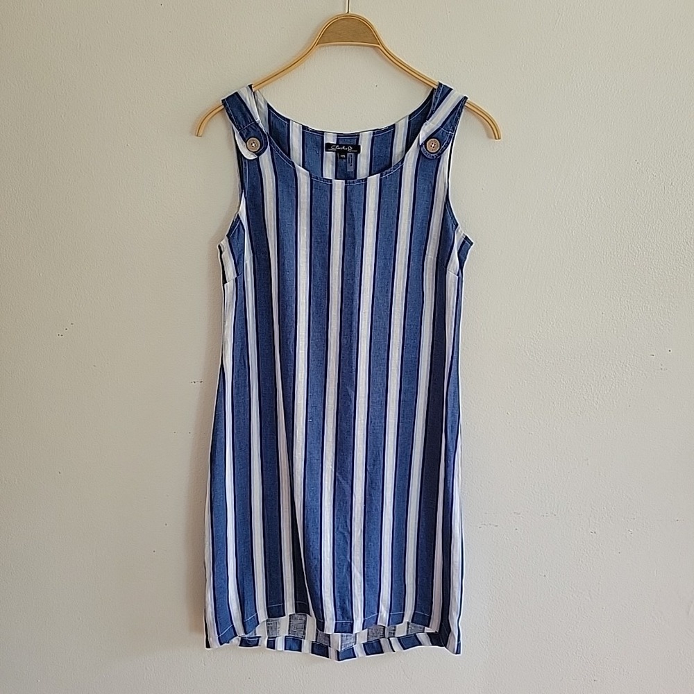 Charlie B Linen Dress Petite Small Sleeveless Scoop Neck Casual Coastal Nautical